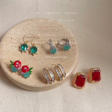 Assorted Flower Ruby and Green Heart Crystal Earrings