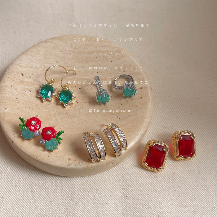 Assorted Flower Ruby and Green Heart Crystal Earrings