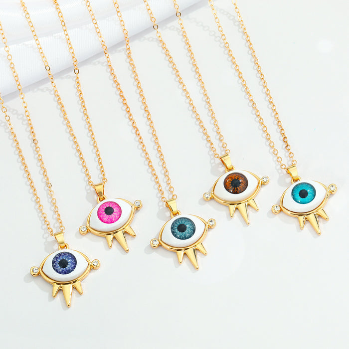 Gold Tone Spiked Eyeball Pendant Necklaces in Six Iris Colors