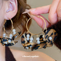 Leopard Fabric Flower Pearl Beaded Gold Tone Hoop Earrings view 1