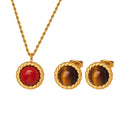 Gold Steel Round Rope Frame Red Turquoise Tiger Eye Necklace Studs view 5