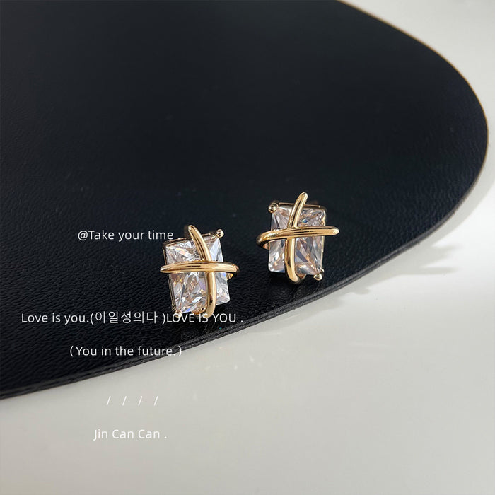 Gold-Tone Clear Rectangle Crystal Cross Band Stud Earrings