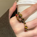 Tiger Eye Beaded Stretch Ring Coffee Brown Gold Accents view 1