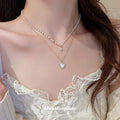 Gold Double Layer Pearl Necklace Heart Pendant Clear Accent view 1