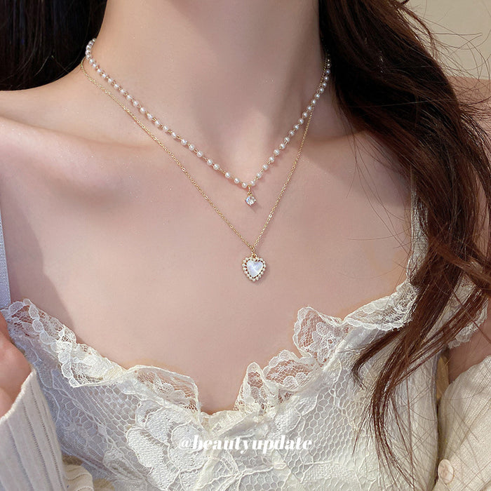 Gold Double Layer Pearl Necklace Heart Pendant Clear Accent