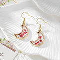 Gold Tone Crescent Moon Pressed Flower Drop Earrings in Eight Designs view 7