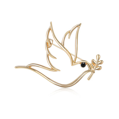 Gold openwork peace dove olive branch brooch front view
