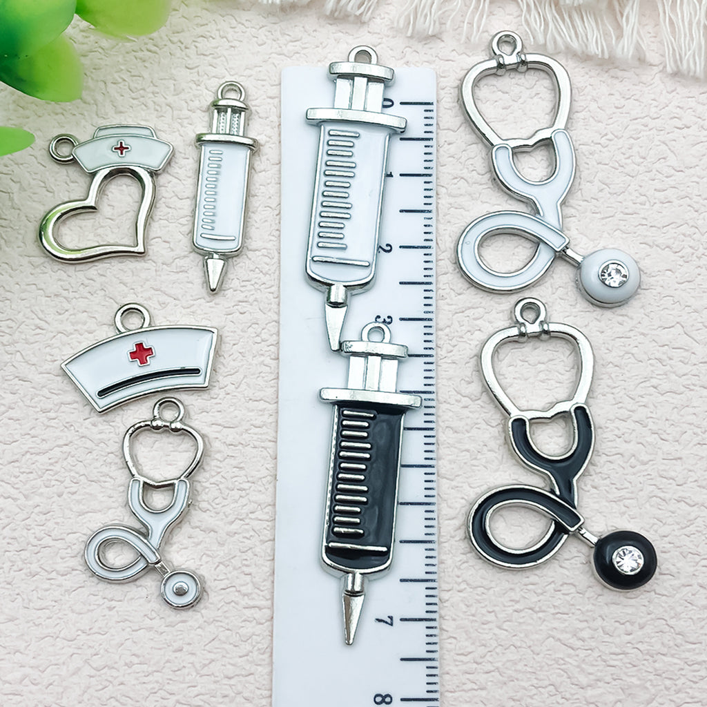 Zinc Alloy Enamel Syringe Stethoscope Nurse Hat Heart Nurse Cap Charm Pendant for DIY Jewelry