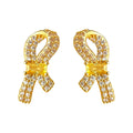 Gold Bow Stud Earrings Paved Clear Crystals Yellow Center view 5