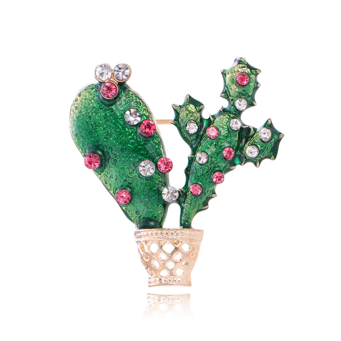 Cactus Crystal Enamel Metal Brooch Pin for Jackets and Lapels