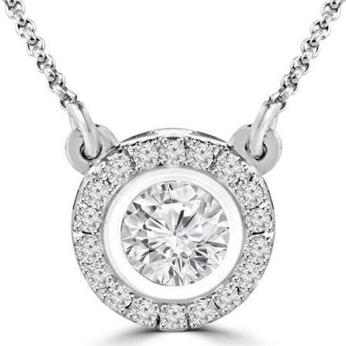 Silver Tone Round Bezel Halo Pendant Necklace Polished Jewelry