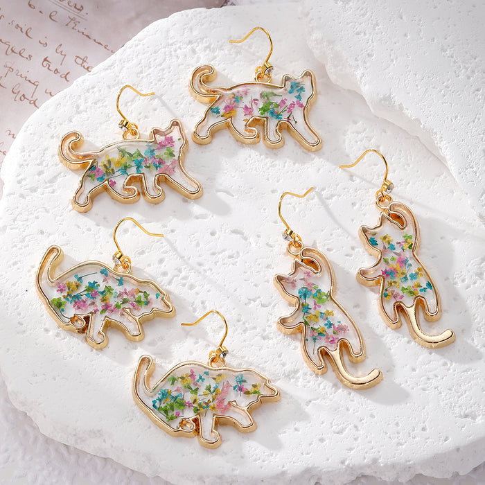 Cat Silhouette Pressed Flower Resin Earrings Gold 4 Poses