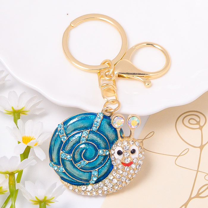 Rhinestone Enamel Snail Keychain Gold Tone Ring Lobster Clasp