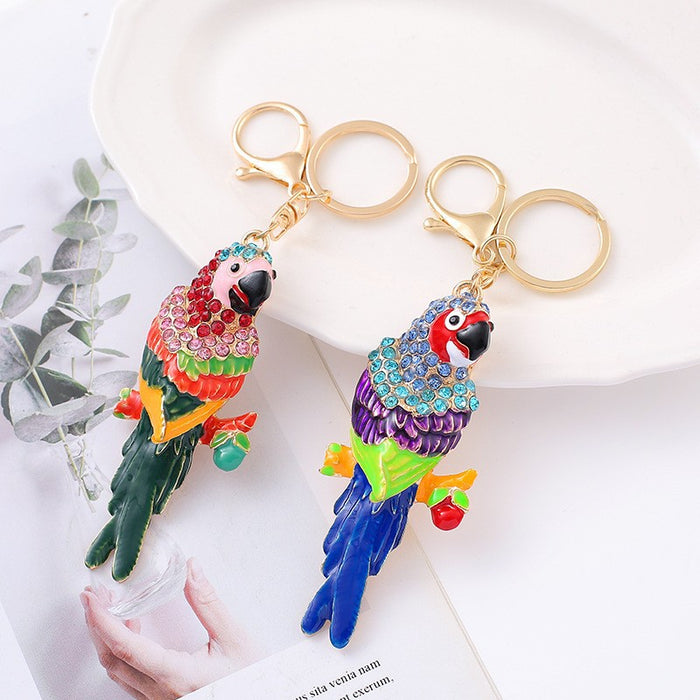 Enamel Parrot Keychain Rhinestone Metal Bird Bag Charm