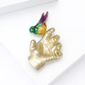 Gold Tone Hand and Colorful Bird Brooch with Pearl Accent view 3
