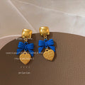 Gold Square Stud Blue Bow Heart Charm Drop Earrings Pair view 4
