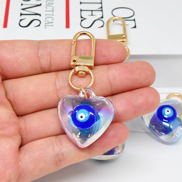 Gold Tone Iridescent Heart Acrylic Evil Eye Clip Keychain