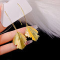 Gold Long Hook and Ridged Ginkgo Leaf Drop Earrings view 6