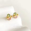 Gold Tone Pastel Stone And White Flower Cluster Stud Earrings view 4