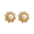 Gold Tone Clear Stone Sunburst And White Pearl Center Stud Earrings view 5