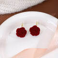 Burgundy Rose Flower Statement Long Dangle Hook Earrings view 4