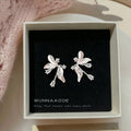 Silver Pink Flower Clear Stone Drop Earrings Pair Set view 6