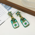 Green Beaded Champagne Bottle Drop Earrings Clover Patch view 3