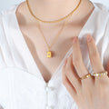 Gold Double Layer Necklace Bead Chain Square Crystal Pendant view 4