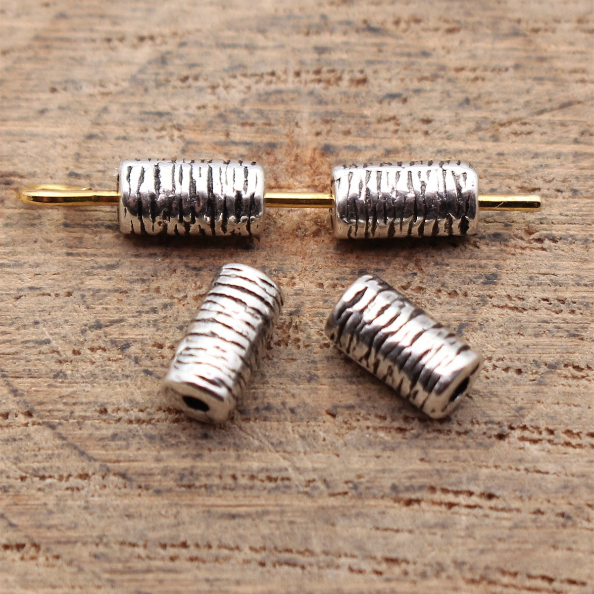 7x3.7x3.7mm 0.38g Antique Silver Zinc Alloy Wood Grain Cylinder Loose Metal Beads for Bracelet DIY Jewelry
