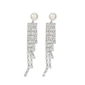 Long Crystal Fringe Pearl Stud Earrings With Silver-Tone Settings view 5