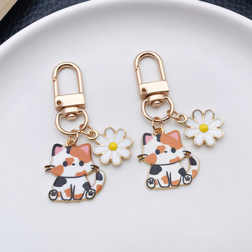 Calico Cat and White Daisy Enamel Clip Keychain Eight-Style Collection