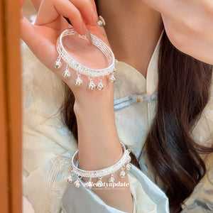 Silver Open Cuff Bangle Dangling Bell Charms Filigree