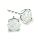 Silver Tone Round Faux Opal Stud Earrings Four Prong view 1