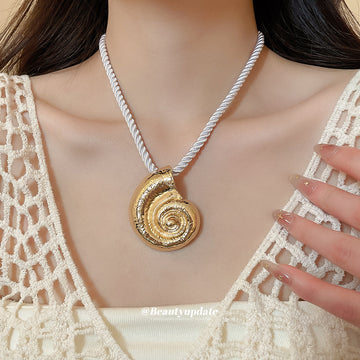 Spiral Shell Pendant Cord Necklace with Polished Metal Tone Details
