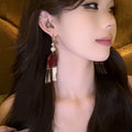 Red Arch Long Fringe Earrings in Gold and Silver Tones view 3