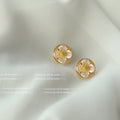 Cream Four Petal Flower Round Stud Earrings Gold Rim view 4
