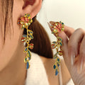 Colorful Floral Vine Gold Tone Extra Long Stud Earrings view 1