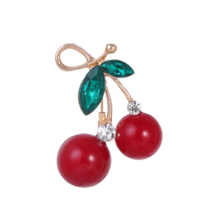 Red Cherry Brooch with Green Crystal Leaves and Gold-Tone Bow