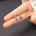 Silver Tone Stretching Cat Stud Earrings Polished Metal view 2