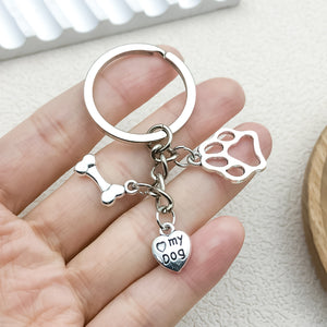 Dog Keychain with Paw, Bone and Heart Charms in Enamel or Silver Tone