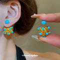 Blue Beaded Gold Tone Floral Cluster Stud Earrings view 1