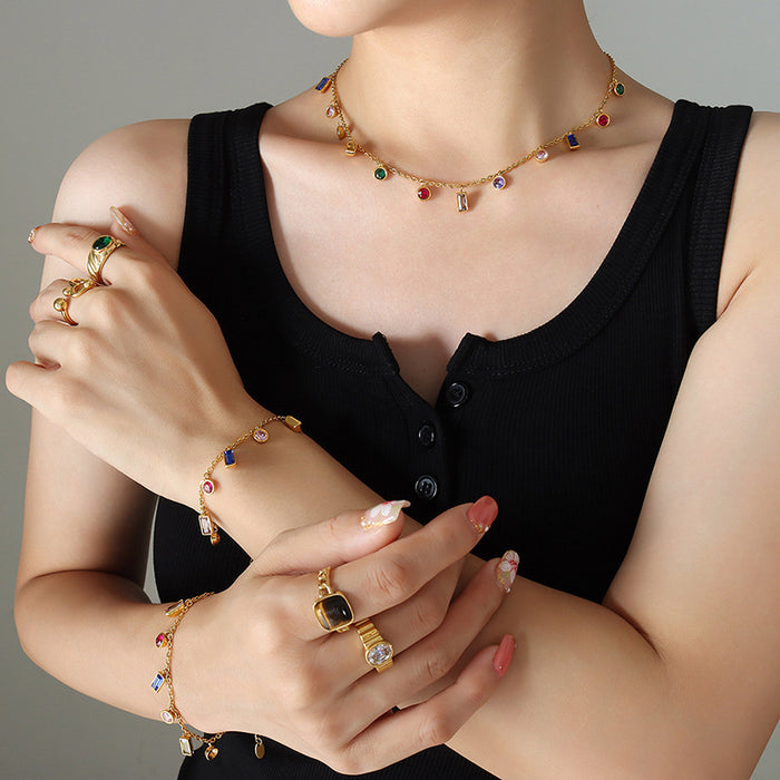 Multicolor Zircon Charm Necklace Bracelet Gold Tone Set