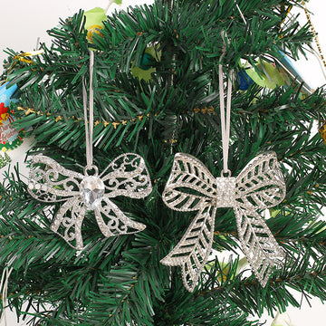 Silver Rhinestone Bow Christmas Tree Hanging Ornament Cord