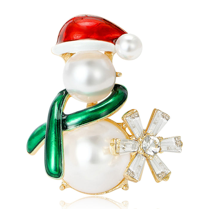 Pearl Snowman Brooch With Red Santa Hat Green Scarf and Snowflake
