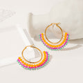 Two Color Hand Beaded Fringe Gold Tone Hoop Earrings view 3