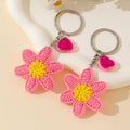 Beaded Pink Flower Keychain with Heart Charm and Silver Key Ring view 3