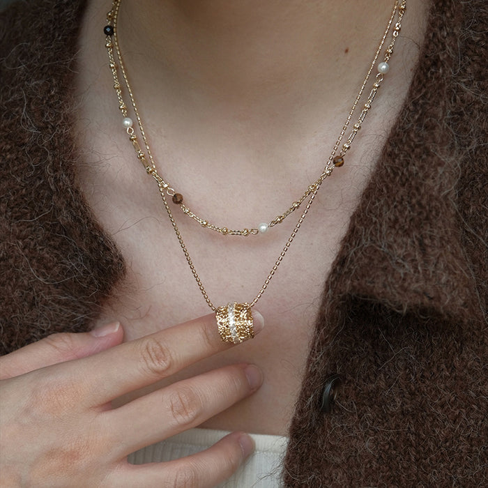 Double Strand Crystal Necklace with Pearl Drop Statement Jewelry