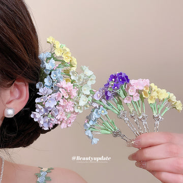 Floral Cluster U-Pin Hair Pins Six Colors Green Stems