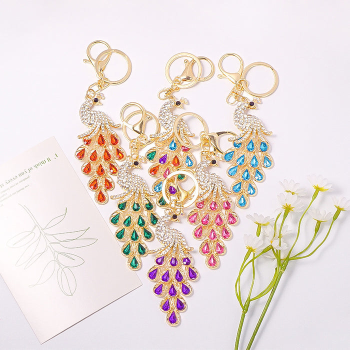 Rhinestone Peacock Keychain Teardrop Tail Gold Clasp Six Colors
