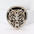 Tiger Head Metal Brooch with Heart-shaped Tiger Face with Black Enamel and Crystal Lines view 2